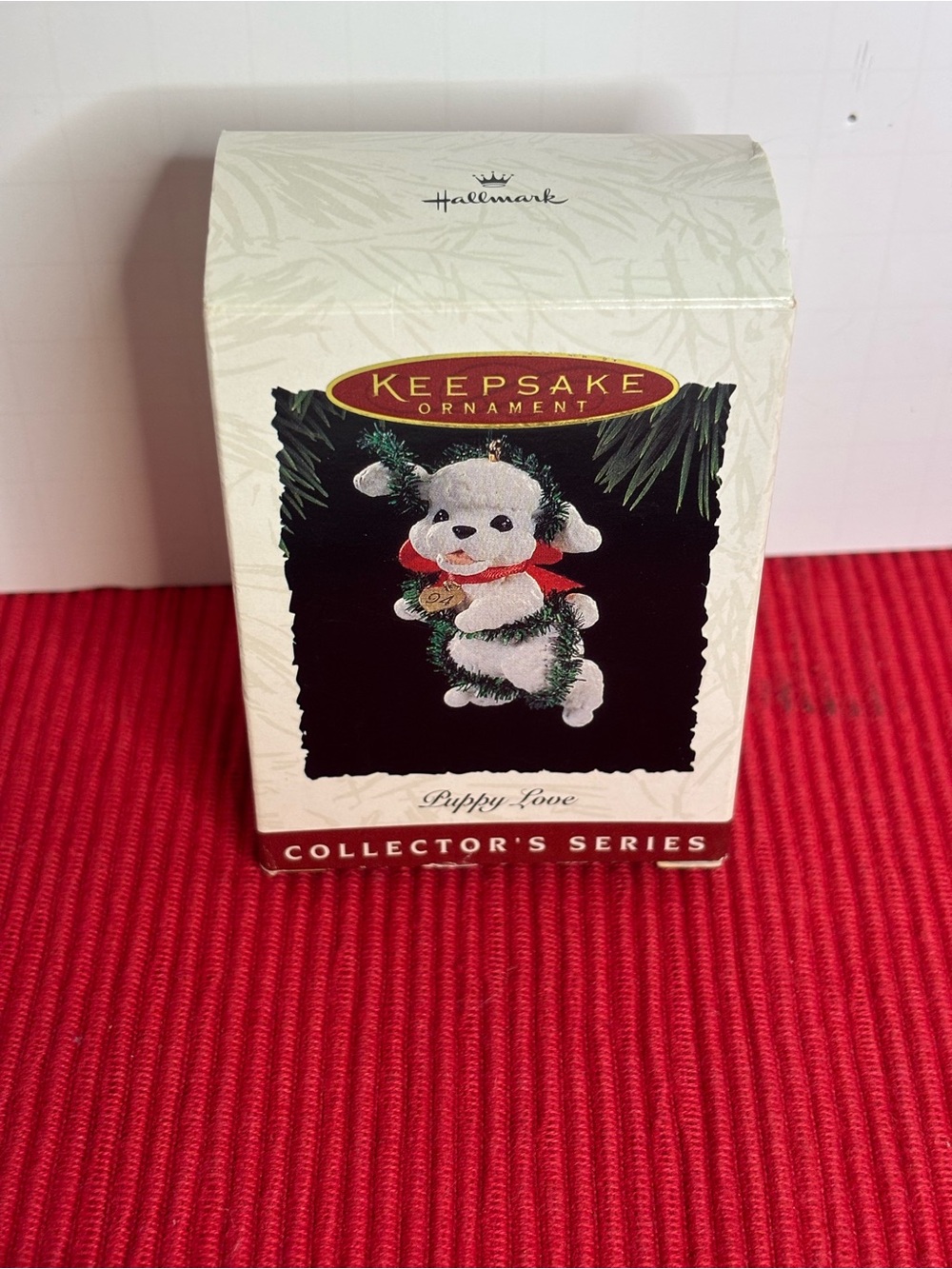 Hallmark White Puppy Ornament with Red Bow and Green Garland